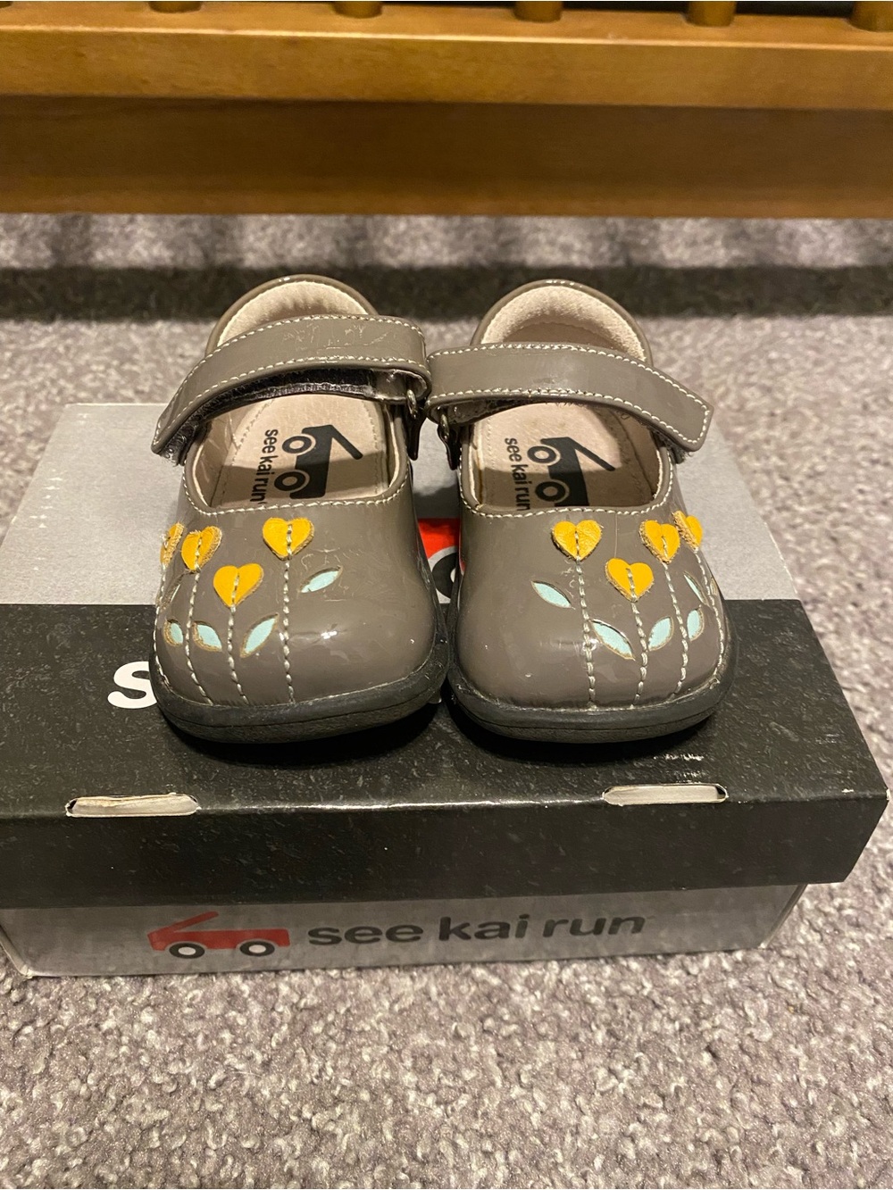 See Kai Run Grey Mary Jane Shoes with Yellow Flower Appliqués